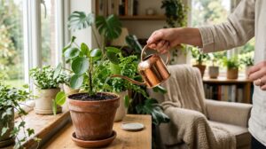 Best watering cans for indoor plants - narrow spout can pouring water into a potted plant
