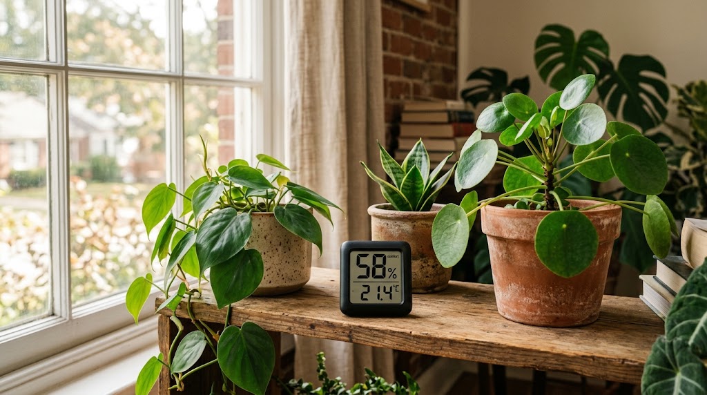 Best hygrometers for indoor plants - digital humidity meter on a shelf near houseplants