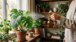 Best plant misters for indoor plants - glass mister spraying water on green leaves
