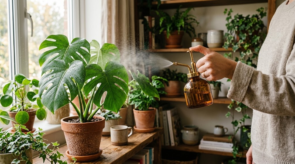 Best plant misters for indoor plants - glass mister spraying water on green leaves