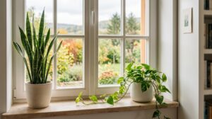Best air-purifying indoor plants - snake plant and pothos on a bright windowsill