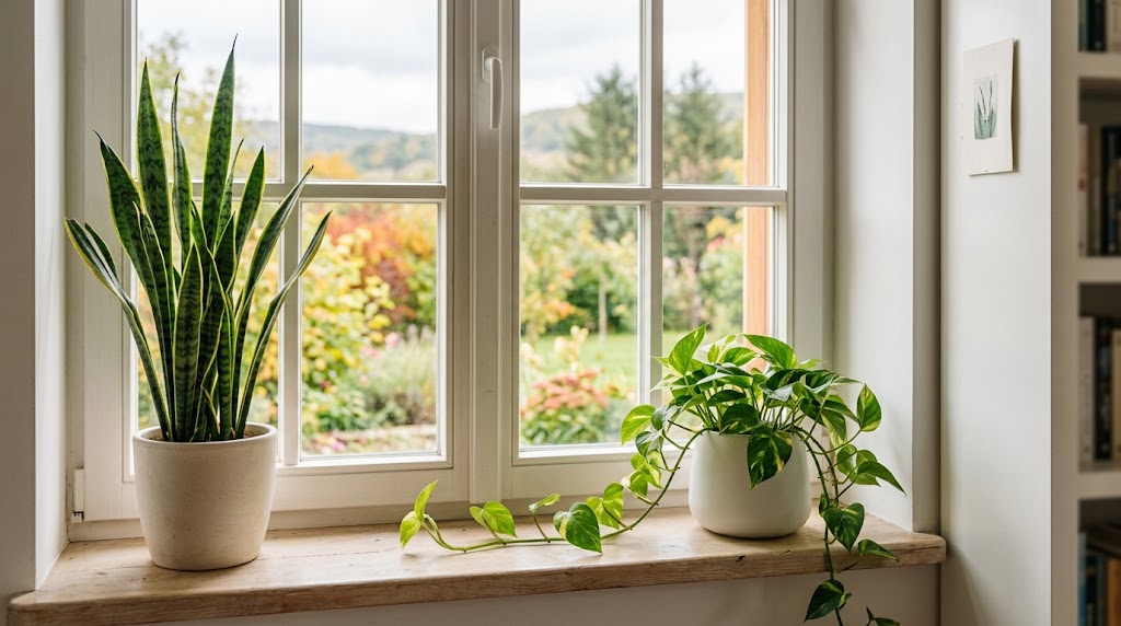 Best air-purifying indoor plants - snake plant and pothos on a bright windowsill