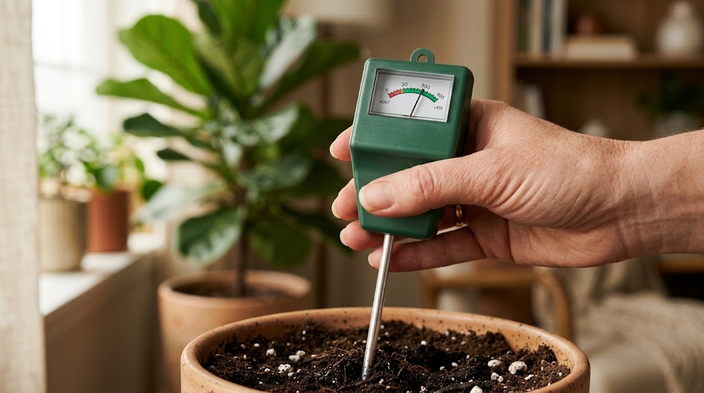 Best soil moisture meters for indoor plants - hand testing soil with a probe meter
