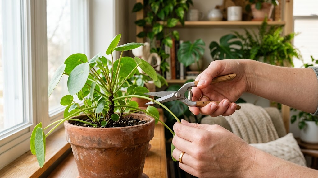 Best pruning shears for houseplants - hand trimming a leggy stem with small shears