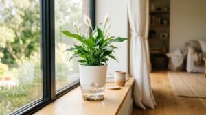 Best self-watering pots for indoor plants - clear reservoir pot with a healthy peace lily