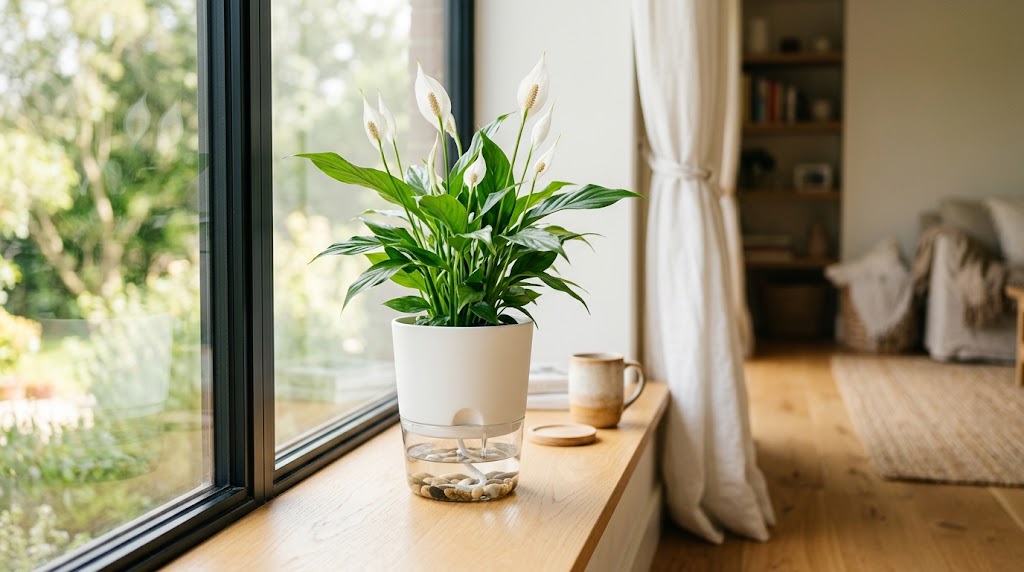 Best self-watering pots for indoor plants - clear reservoir pot with a healthy peace lily