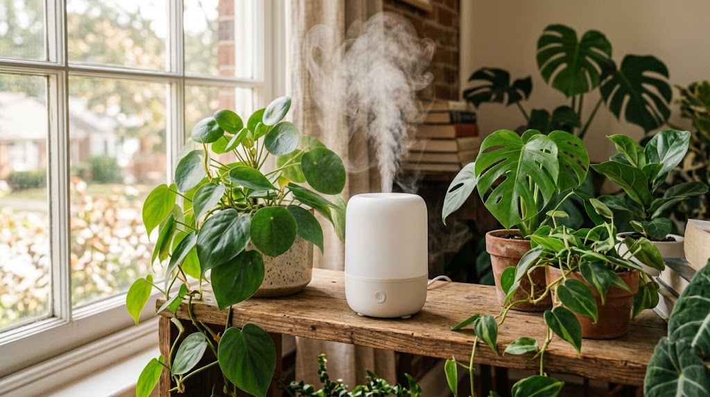 Best humidifiers for indoor plants - cool mist humidifier surrounded by lush tropical plants